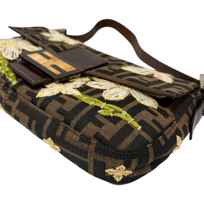 FENDI Vintage FF Zucca Mamma Baguette Shoulder Bag Flower Brown Canvas 902041