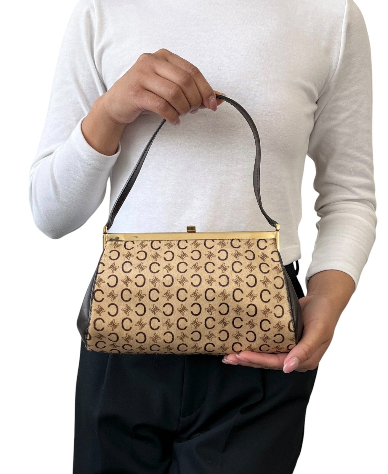 CELINE Vintage Macadam Monogram Logo Shoulder Bag Beige Brown Calf Hair Leather