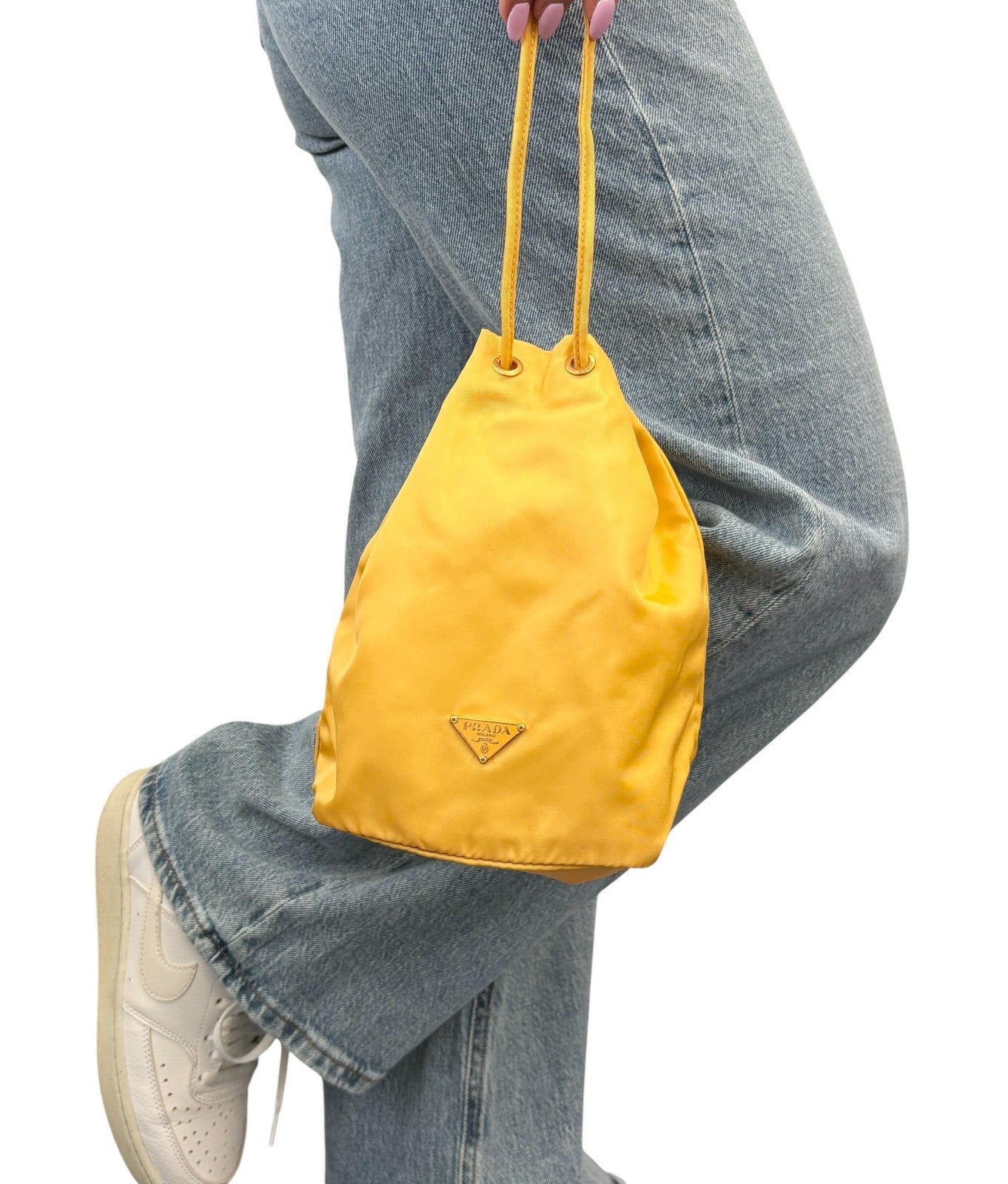PRADA Vintage Triangle Logo Drawstring Bag Handbag Pouch Yellow Nylon