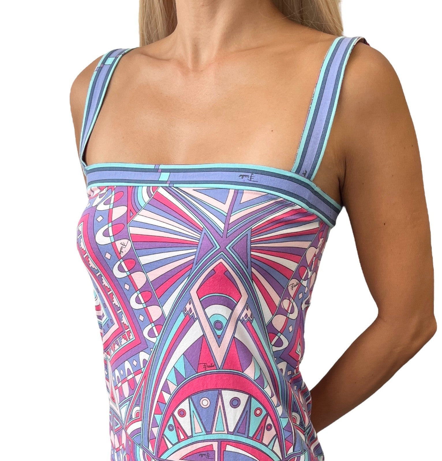 EMILIO PUCCI Vintage Logo Vivara Multicolor Camisole Dress #38 Blue Cotton