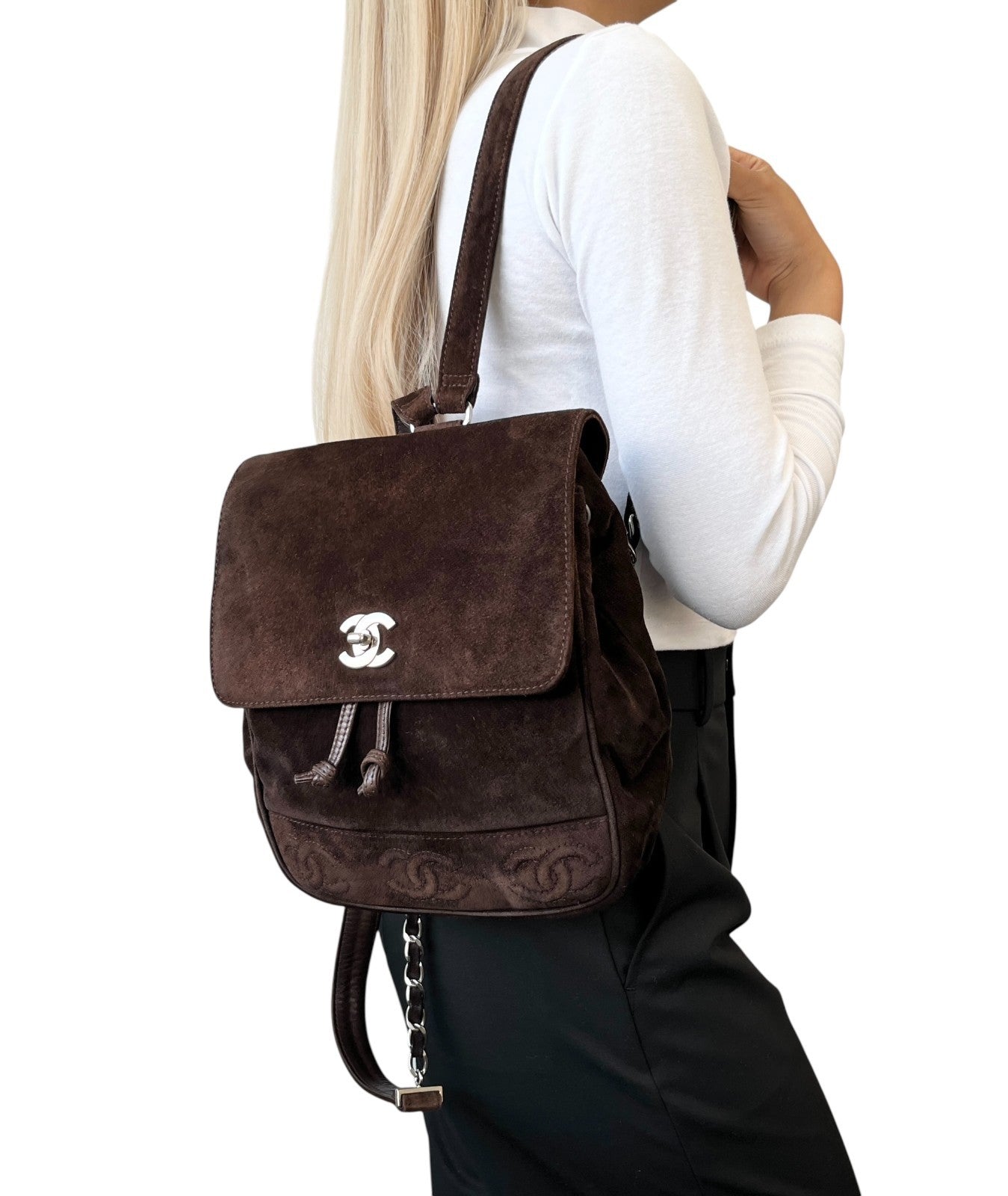 CHANEL Vintage CC Mark Logo Turn Lock Backpack Stitch Brown Silver Suede