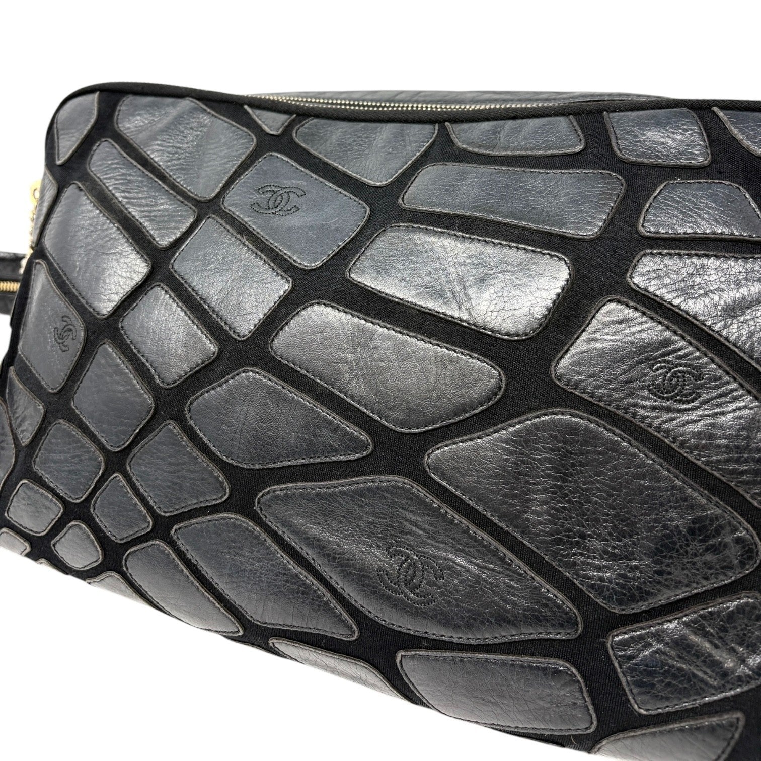 CHANEL Vintage CC Logo Crossbody Bag Lambskin Jersey Scales Leather Black Gold