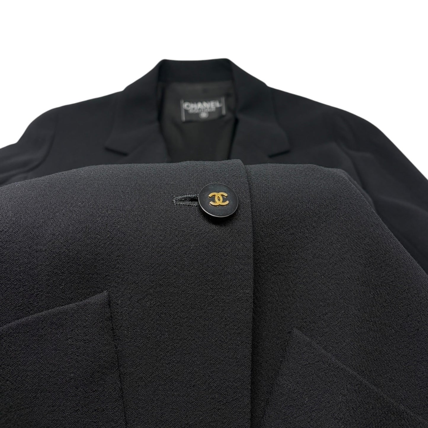 CHANEL Vintage 1994 CC Logo Collared Jacket #L Black Gold Button Wool Pocket
