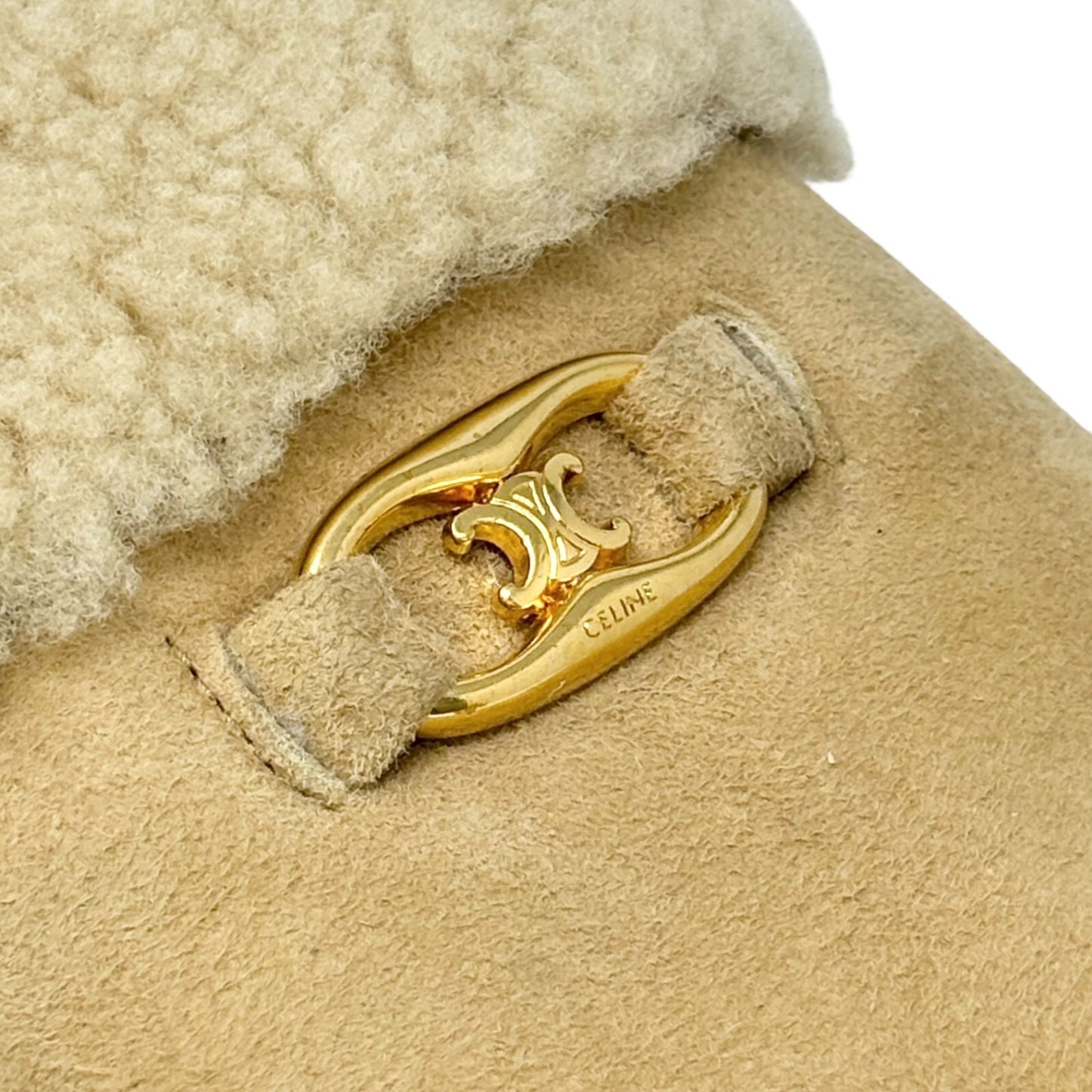 CELINE Vintage Macadam Logo Mouton Gloves Mittens Beige Gold Leather