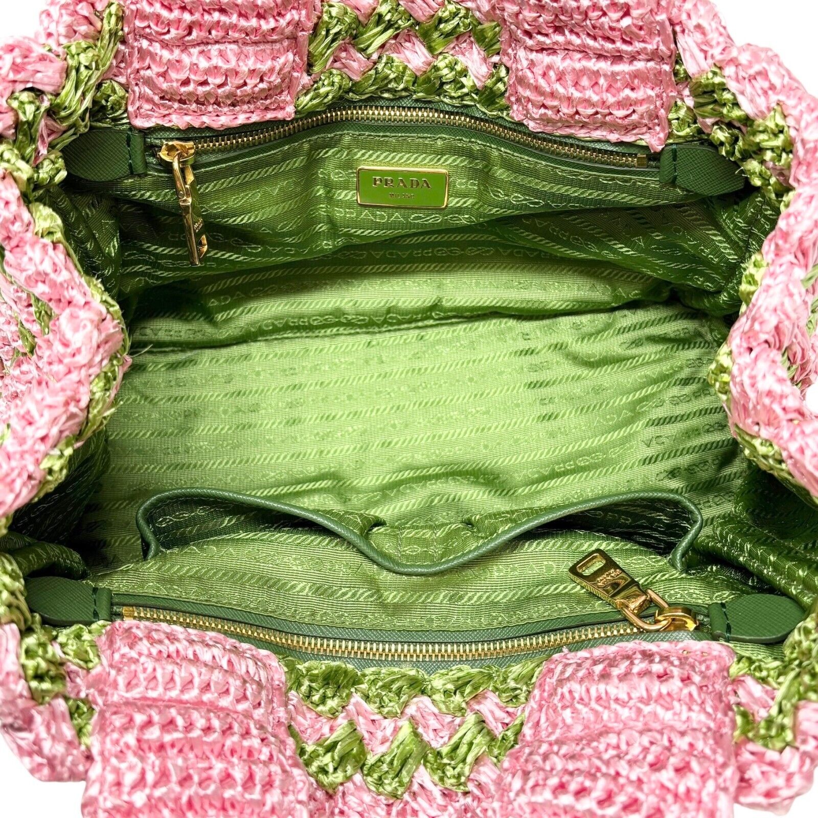 PRADA Vintage Logo Raffia Mini Tote Bag Pink Green Polyethylene Snap Button