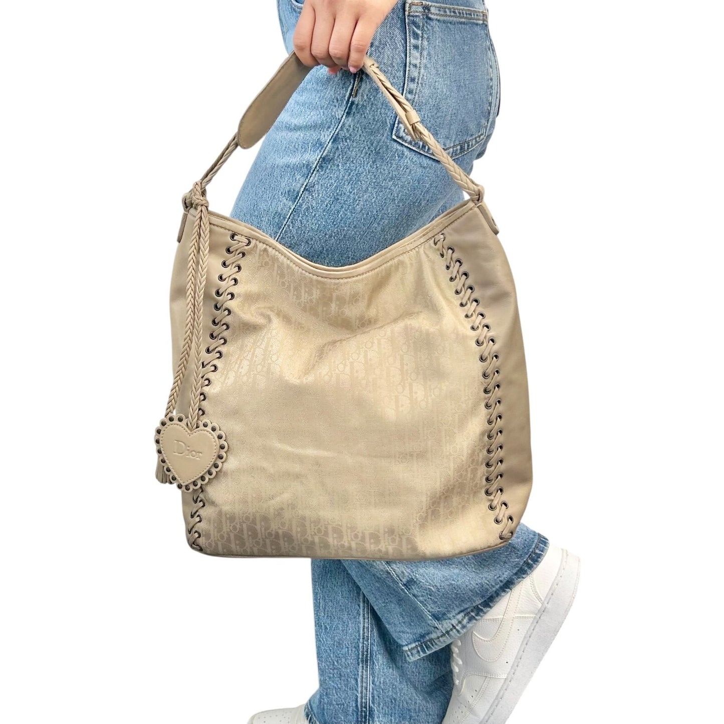 Christian Dior Vintage 2007 Logo Trotter Monogram Tote Bag Beige Nylon Leather