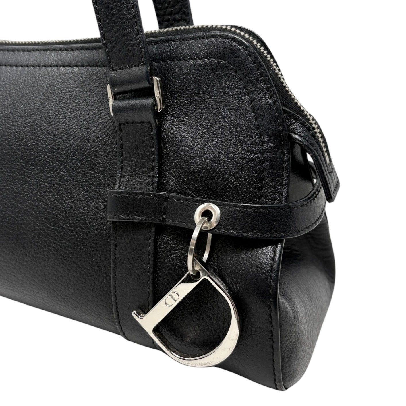 Christian Dior Vintage Logo Charm Shoulder Bag Black Silver Leather 901869