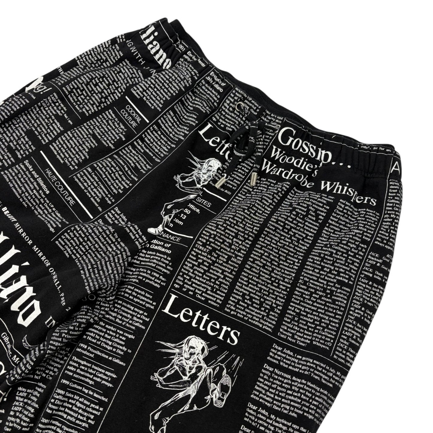 John Galliano Vintage Newspaper Print Hoodie Top Pants Set #XS Black 902549