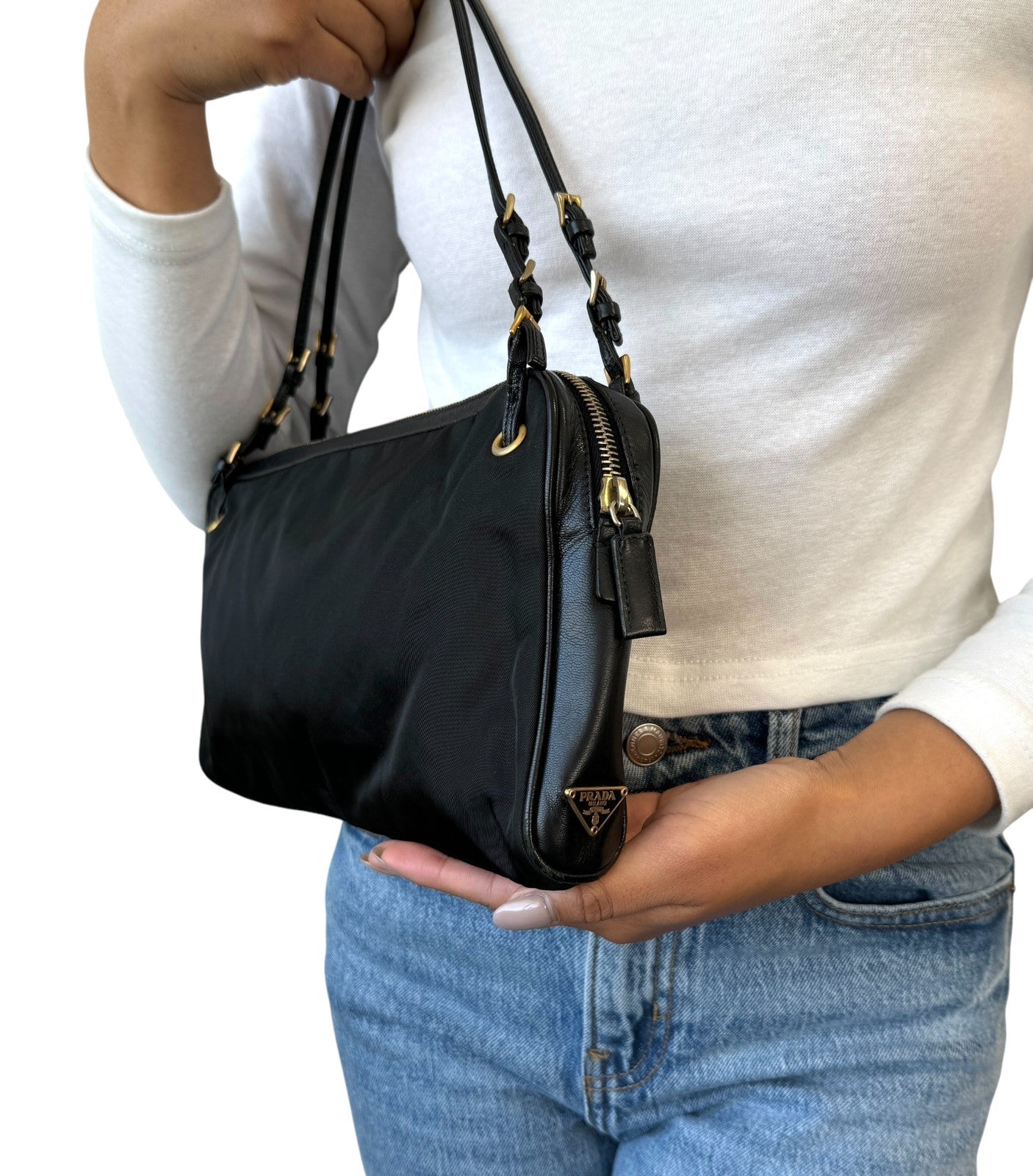 PRADA Vintage Logo Pochette Mini Shoulder Bag Black Gold Nylon Zip Leather