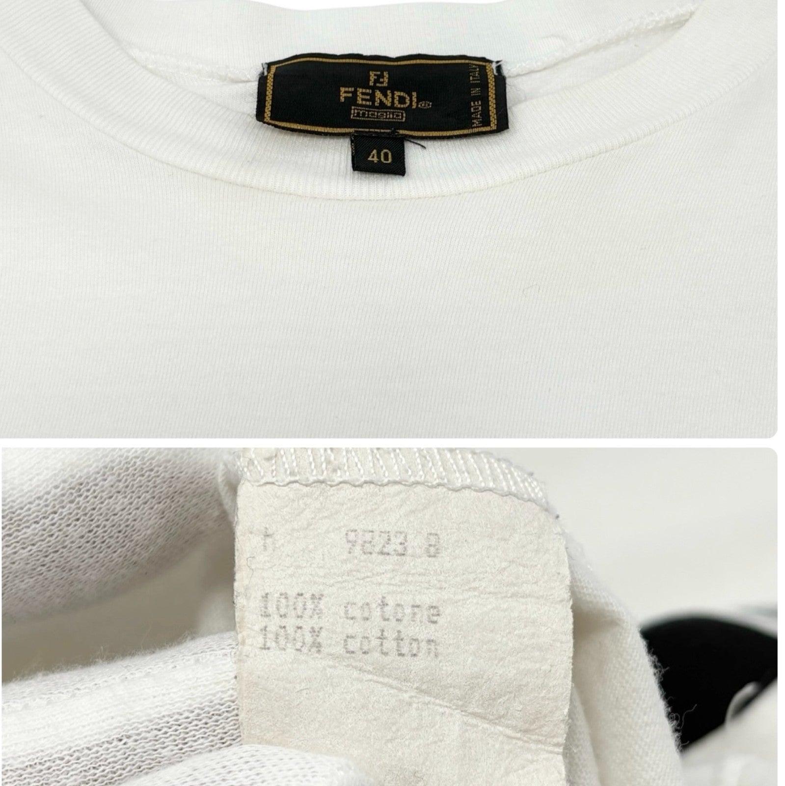 FENDI Vintage Big Logo T-shirt Top #40 White Black Cotton Short Sleeve