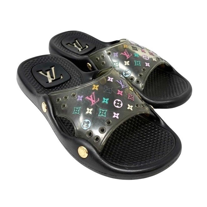 LOUIS VUITTON Vintage Monogram Multicolor Slide Sandals #37 Black Rubber