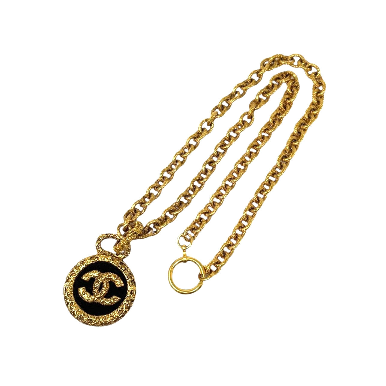 CHANEL Vintage 93A CC Logo Pendant Necklace Chain Gold Black Metal Accessory