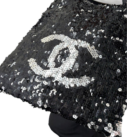 CHANEL Vintage CC Logo Sequins Chain Shoulder Bag Black Silver Leather 902342