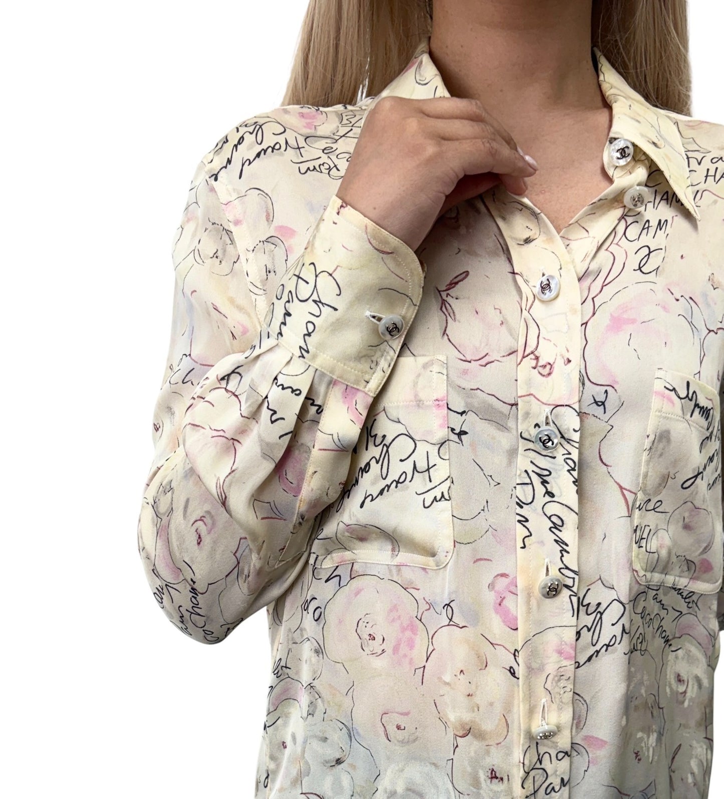 CHANEL Vintage 98C Coco Mark Logo Button Shirt Blouse Ivory Silk 901882