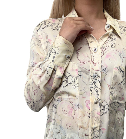 CHANEL Vintage 98C Coco Mark Logo Button Shirt Blouse Ivory Silk 901882