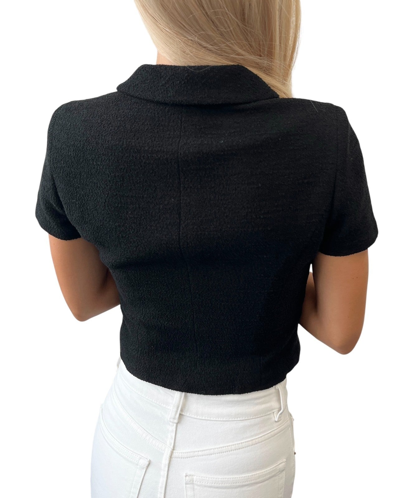 CHANEL Vintage 95P CC Mark Logo Cropped Jacket #36 Button Black Gold Wool