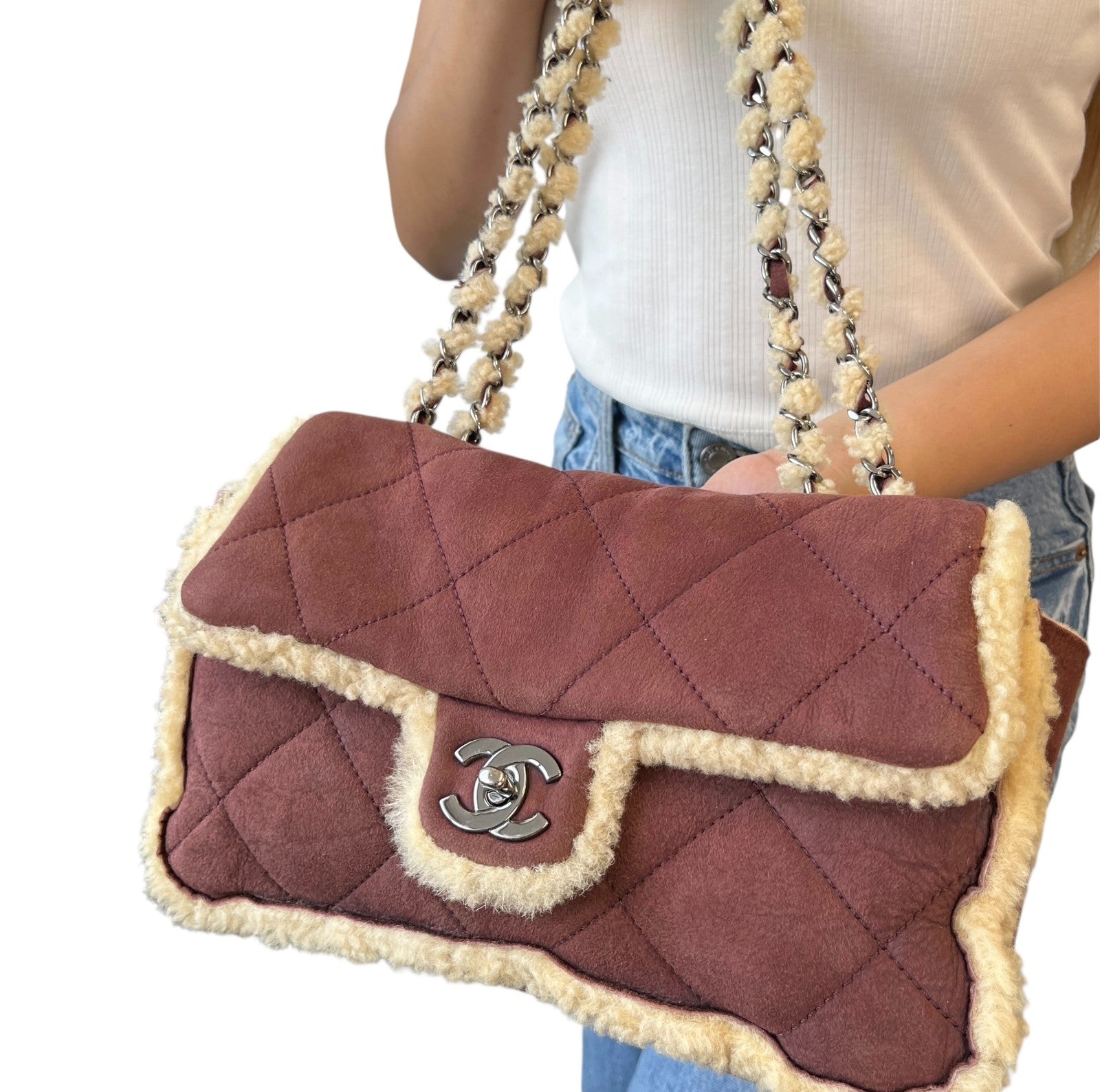 CHANEL Vintage CC Logo Mouton Matelasse Shoulder Bag Chain Brown Beige Suede