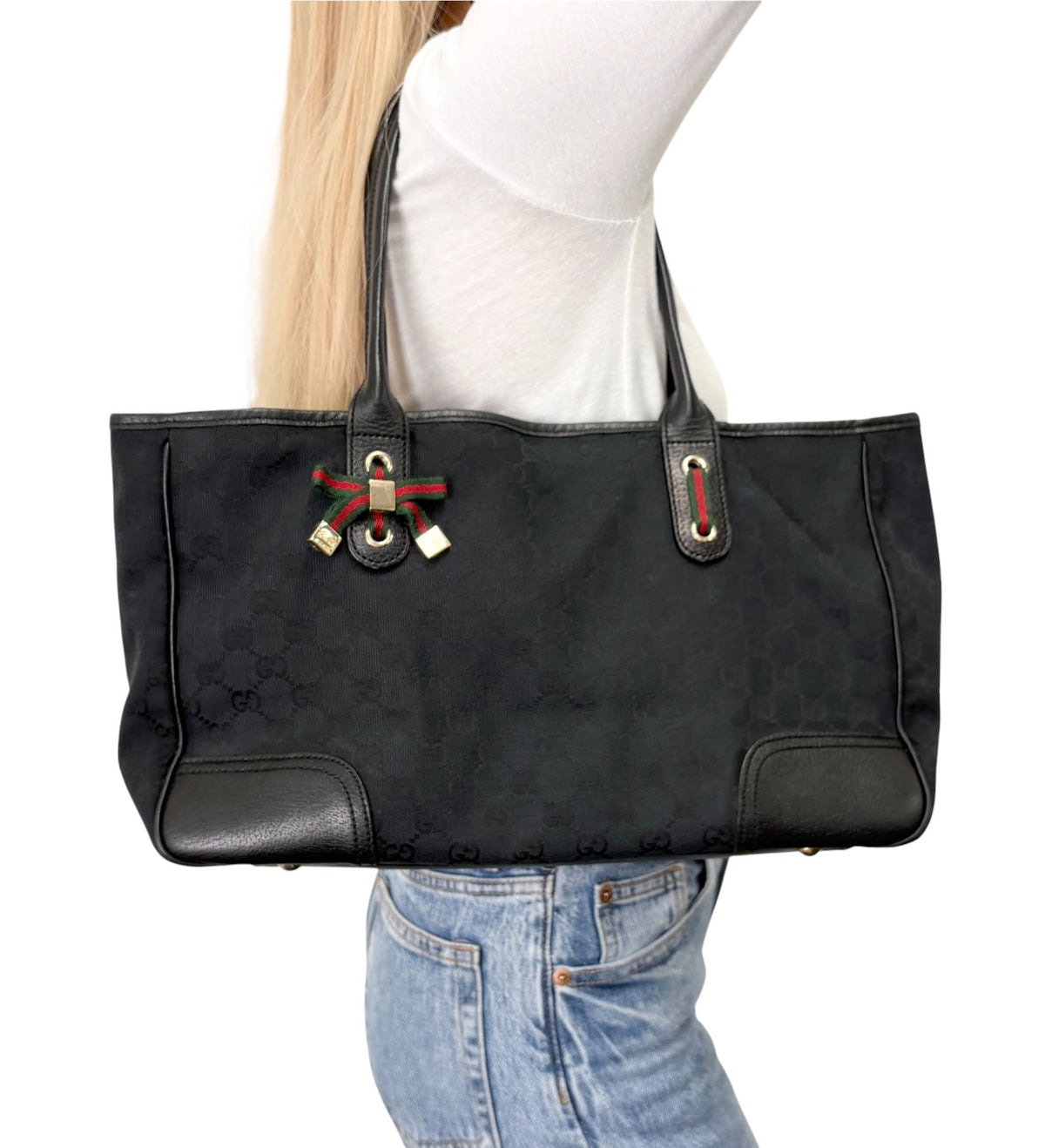 GUCCI Vintage GG Monogram Web Stripe Ribbon Tote Shoulder Bag Black 902464