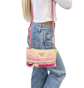 PRADA Vintage Logo Raffia Shoulder Bag Crossbody Zip Pink Cream Polyurethane