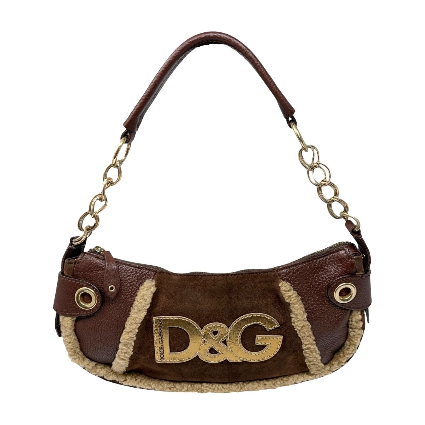 DOLCE&GABBANA Vintage D&G Chain Shoulder Bag Suede Leather Brown Gold 902412