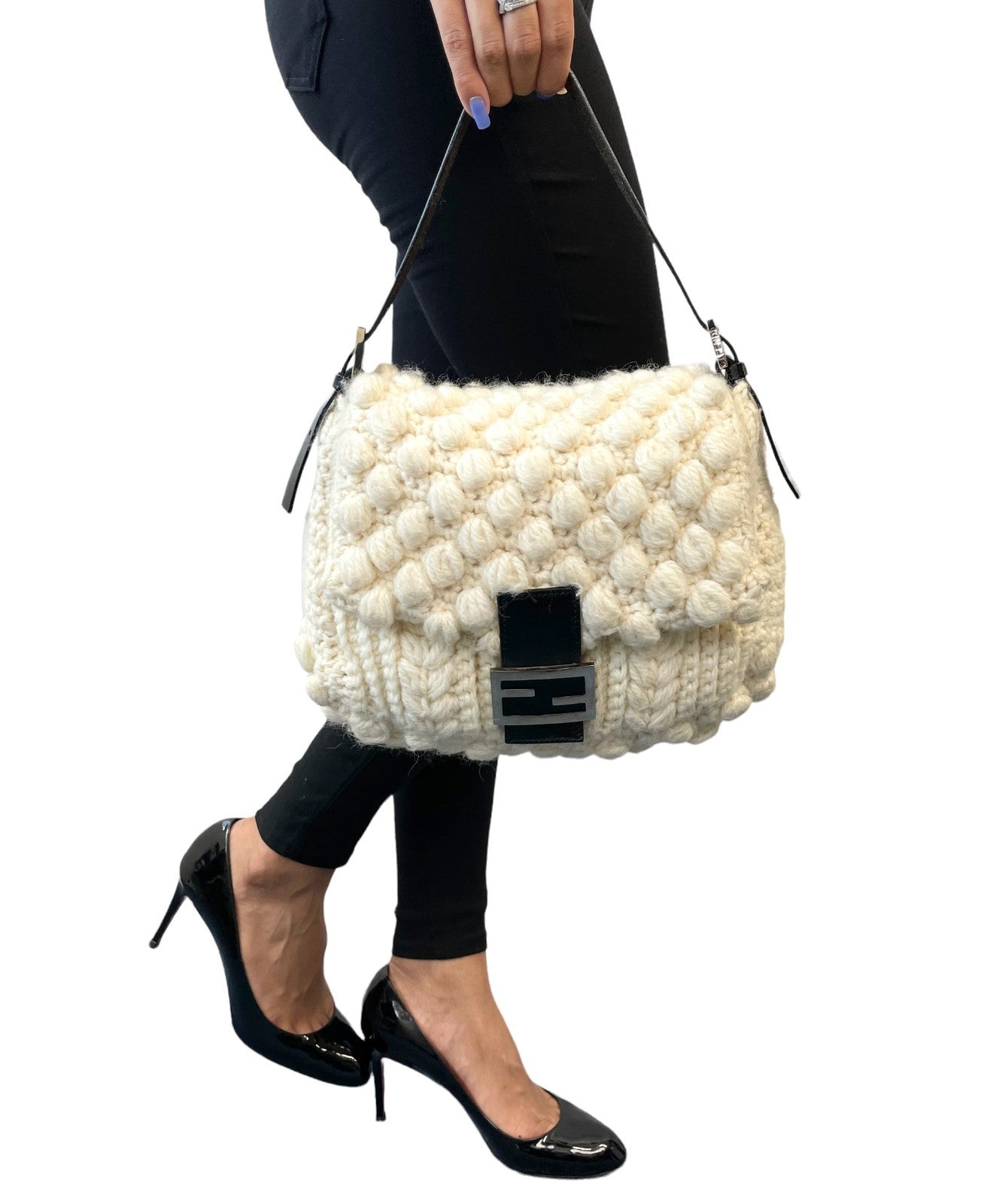 FENDI Vintage FF Logo Knit Mamma Baguette Shoulder Bag Wool Cream 902239