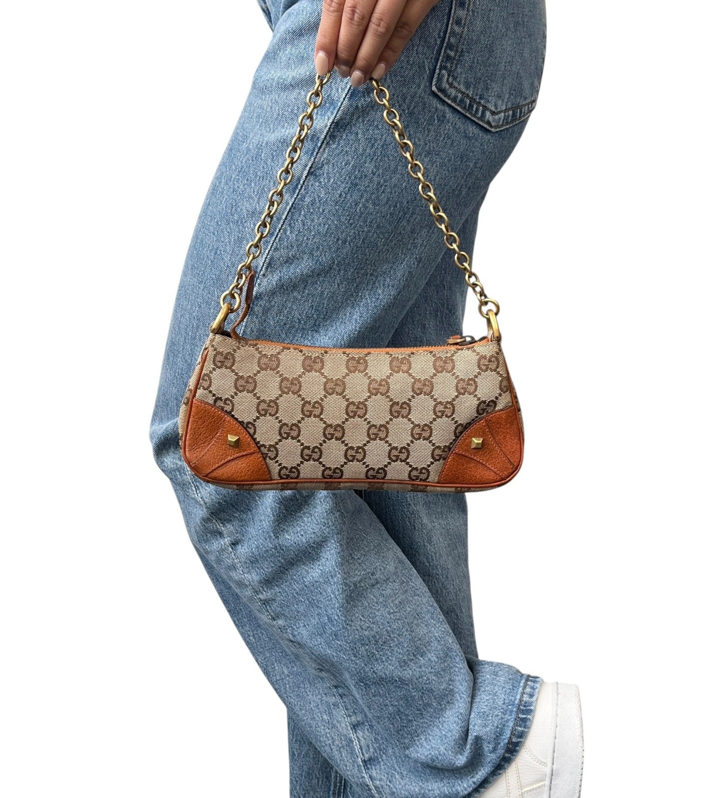 GUCCI Vintage GG Canvas Monogram Chain Shoulder Bag Pouch Beige Gold Leather