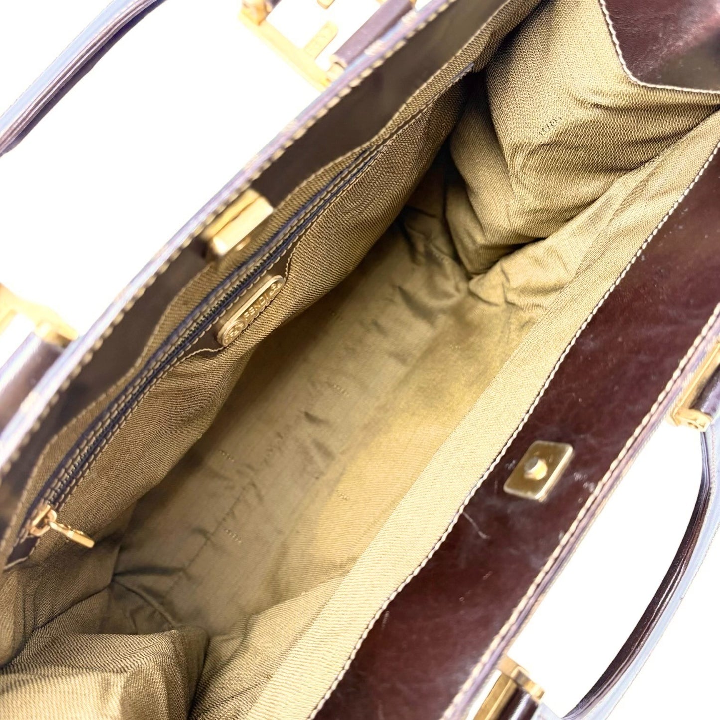 Fendi Vintage Zucca Canvas Tote Bag FF Logo Monogram Brown Gold Leather