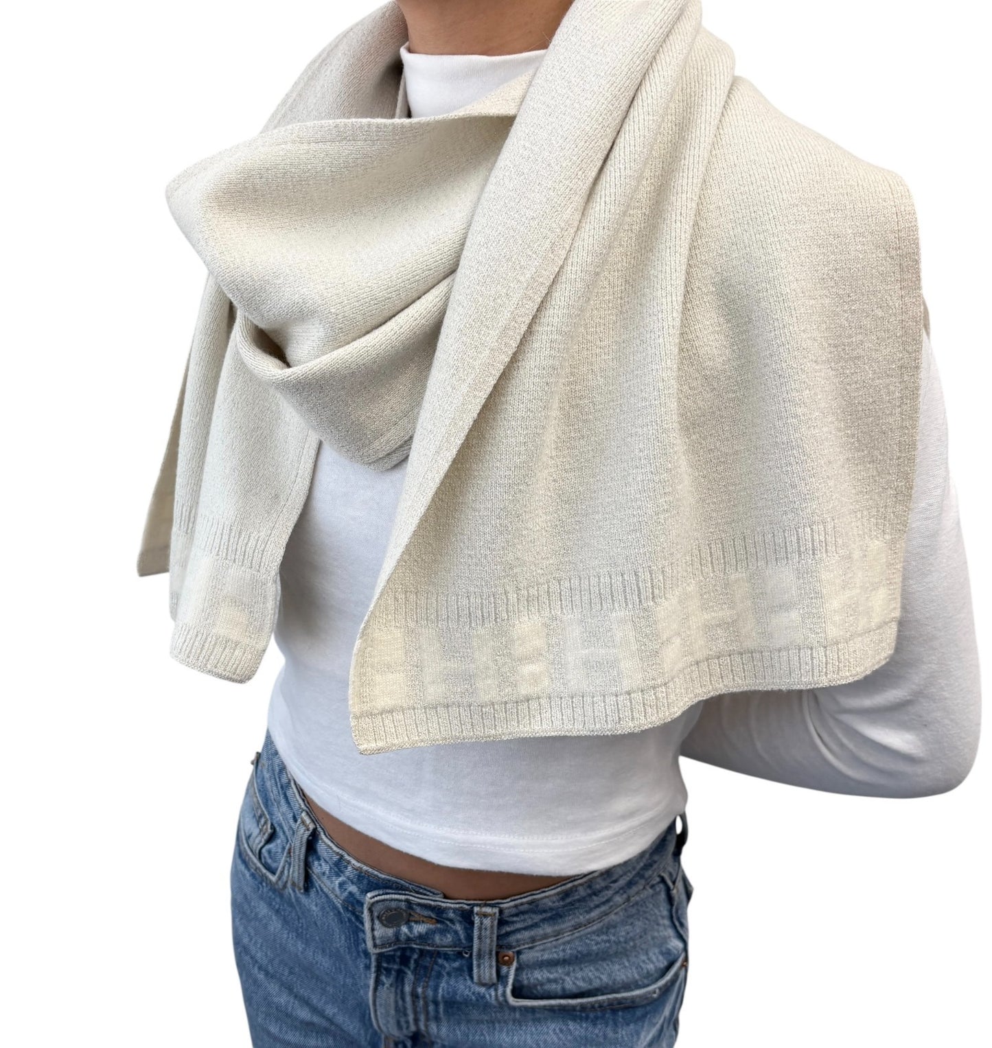 HERMES Vintage H Logo Cashmere Scarf Wrap Shawl White Silver Lurex