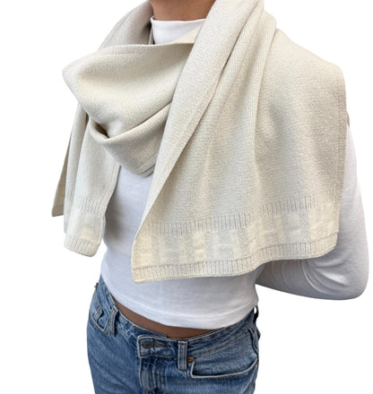 HERMES Vintage H Logo Cashmere Scarf Wrap Shawl White Silver Lurex