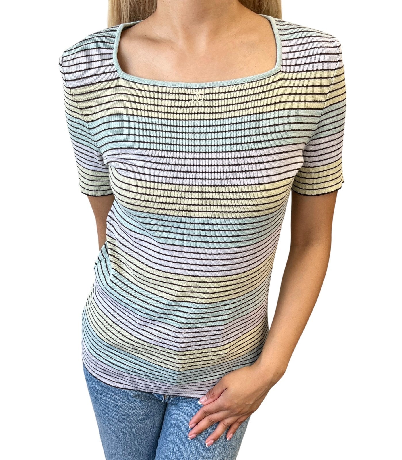 CHANEL Vintage 98P CC Logo Stripe Knit Shirt Top #40 Multicolor Cotton 902213