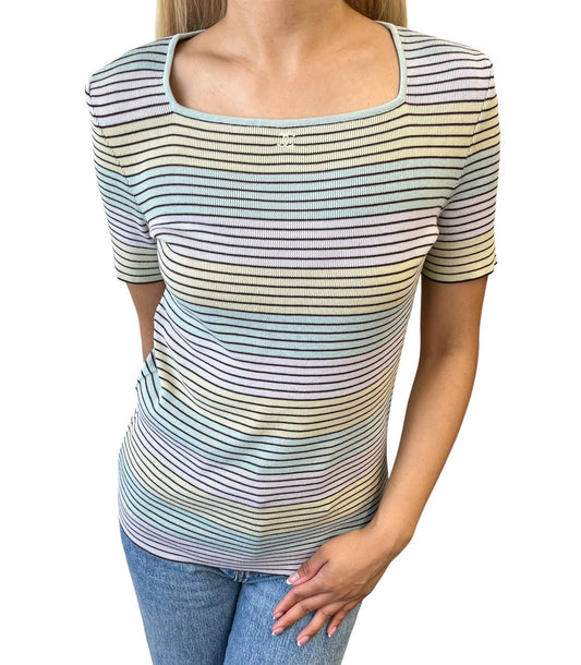 CHANEL Vintage 98P CC Logo Stripe Knit Shirt Top #40 Multicolor Cotton 902213