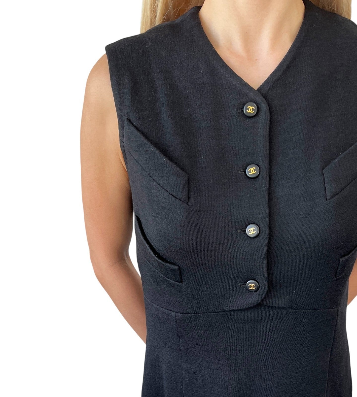 CHANEL Vintage 95A CC Mark Logo Dress One-piece #40 Black Silk Button