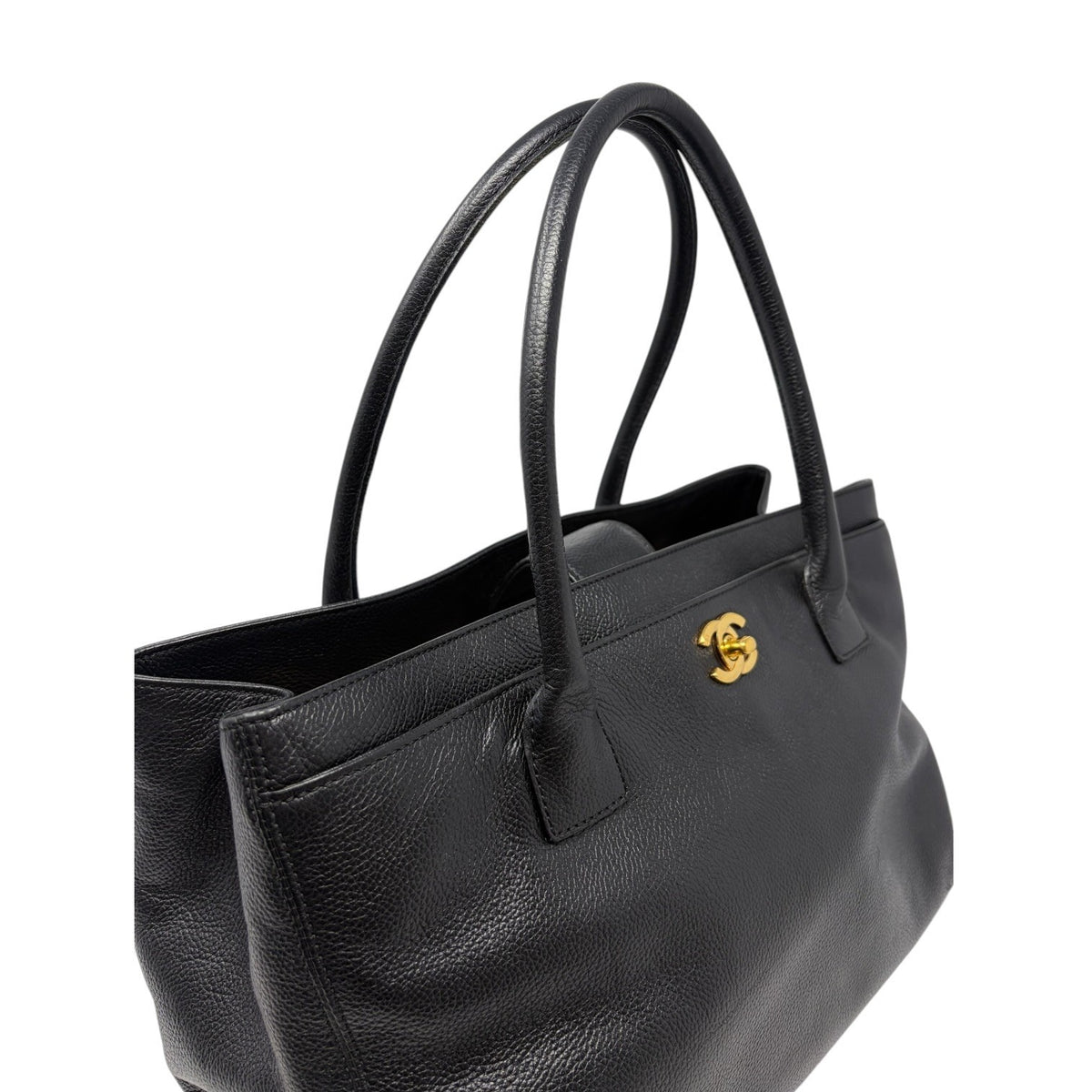 CHANEL CC Turnlock Executive Tote Shoulder Bag Black Gold Leather 902459