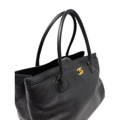 CHANEL CC Turnlock Executive Tote Shoulder Bag Black Gold Leather 902459