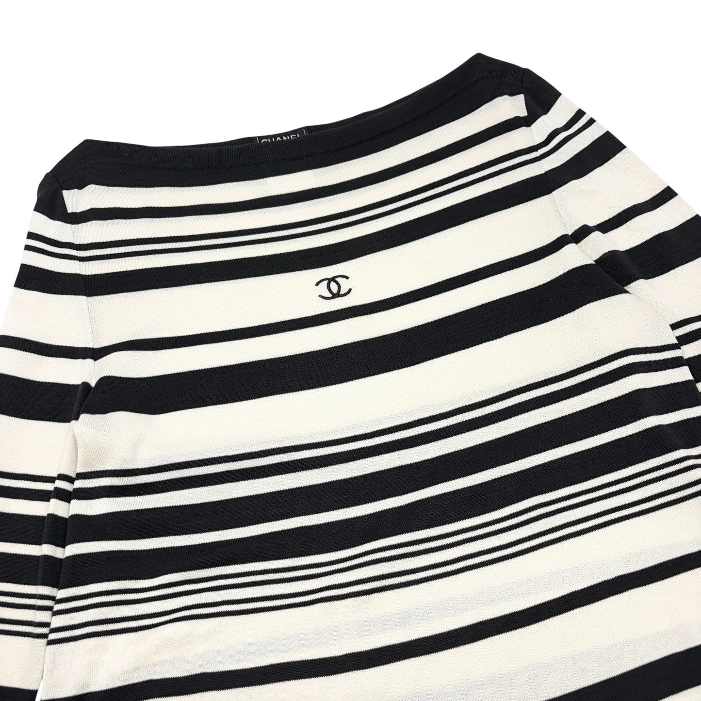 CHANEL Vintage 98P CC Logo Stripe Knit Dress #40 Black White Cotton 901808