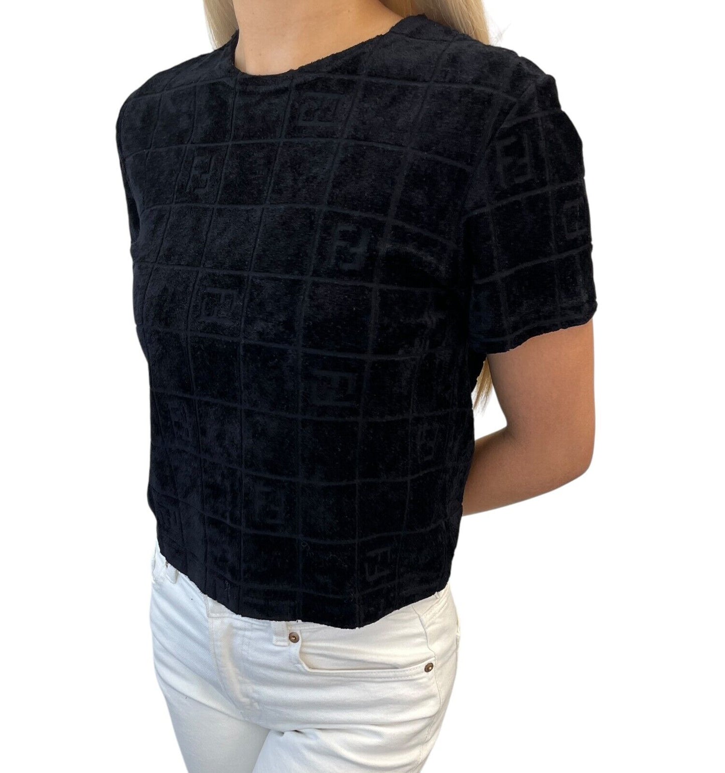 FENDI Vintage FF Logo Velour Short Sleeve Top #46 Black Rayon T-shirt