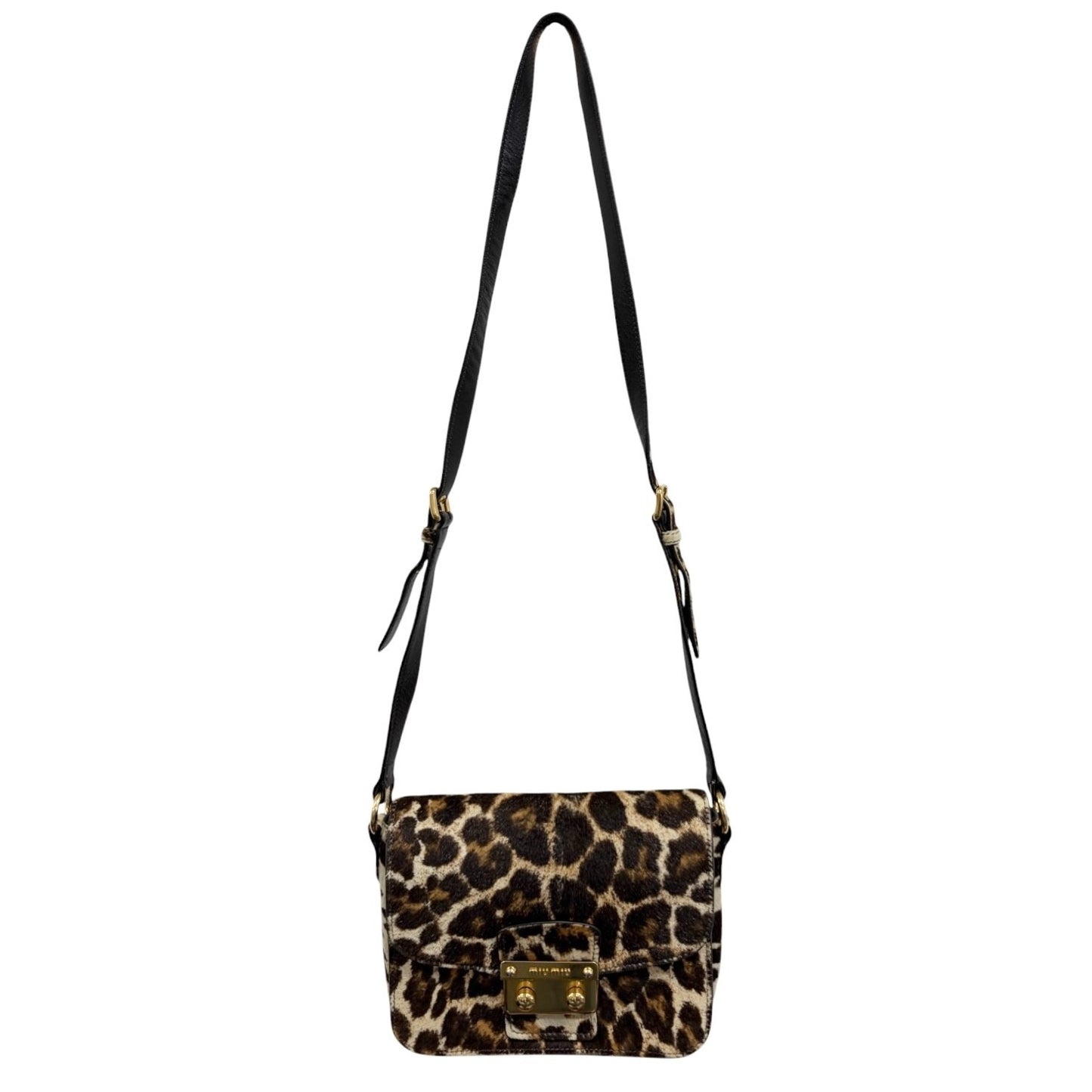 miumiu Vintage Leopard Pony Calf Hair Crossbody Bag Brown Gold Leather 902218
