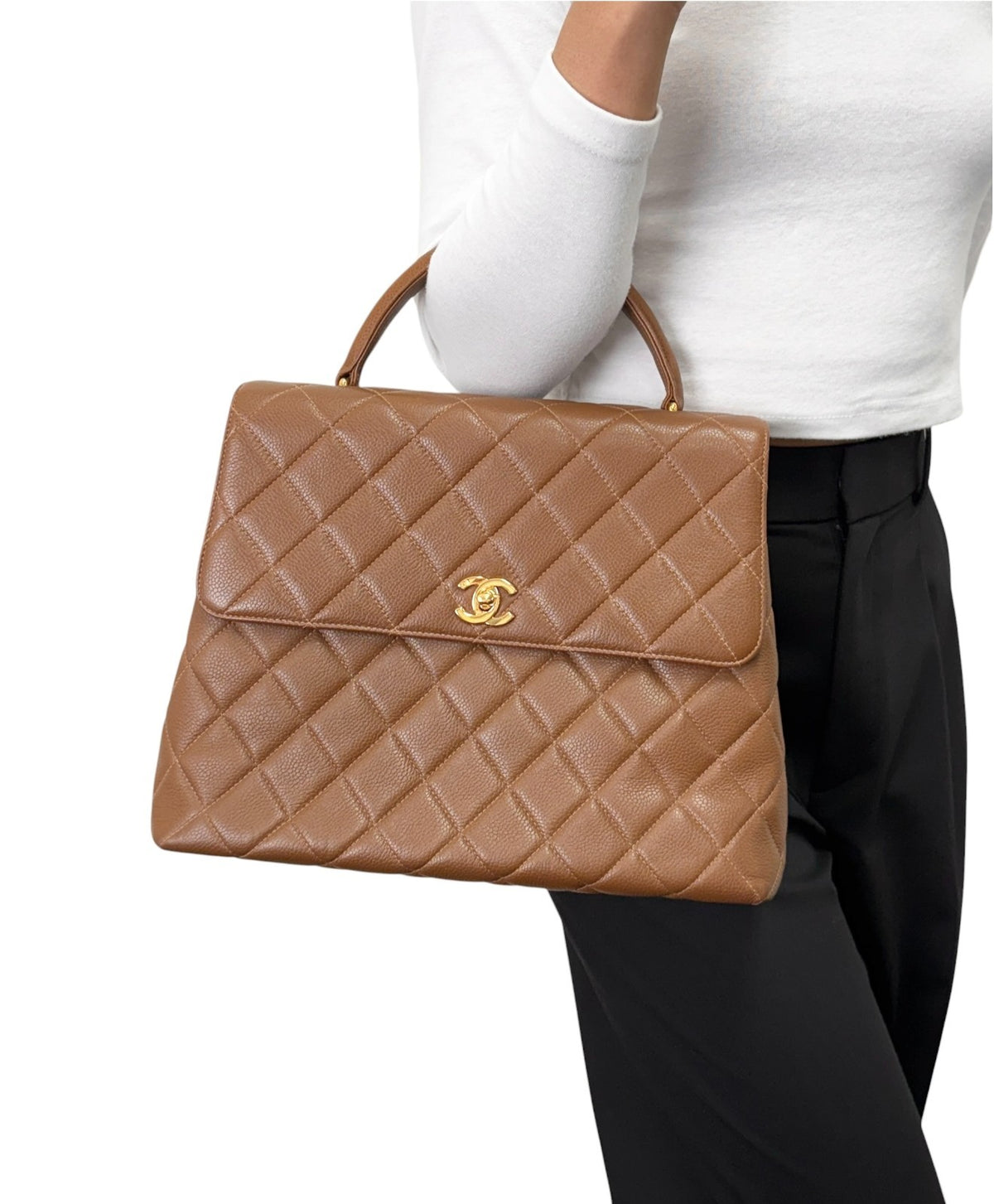 CHANEL Vintage CC Turnlock Quilted Top Handle Bag Brown Gold Leather 902334