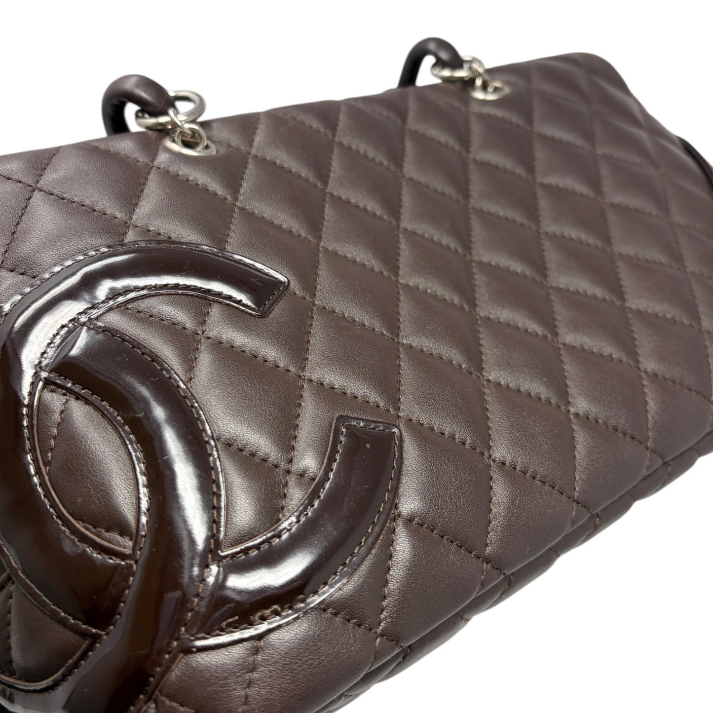 CHANEL Vintage Cambon Line CC Logo Quilted Shoulder Bag Brown Silver Leather
