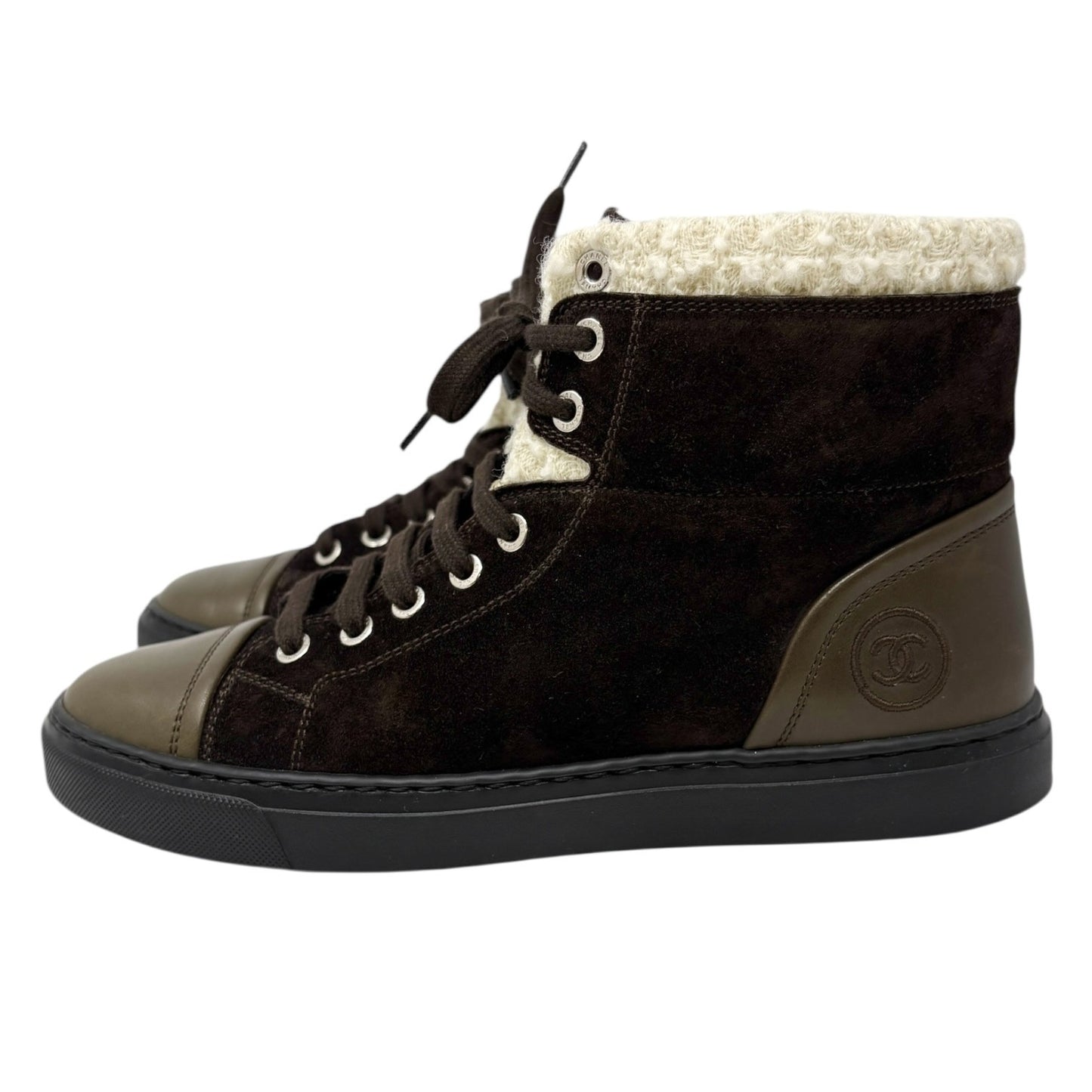 CHANEL Vintage 15A CC Suede Shearling High-cut Sneakers #38 Olive Green Brown
