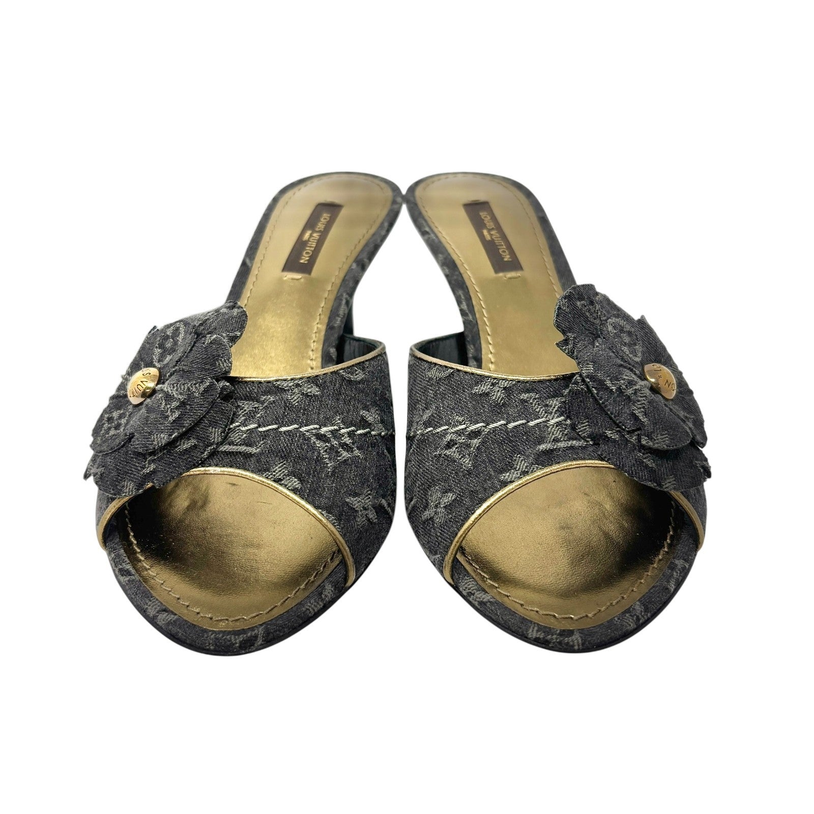 LOUIS VUITTON Vintage Monogram Denim Flower Sandals Heels #36 Black Open Toe