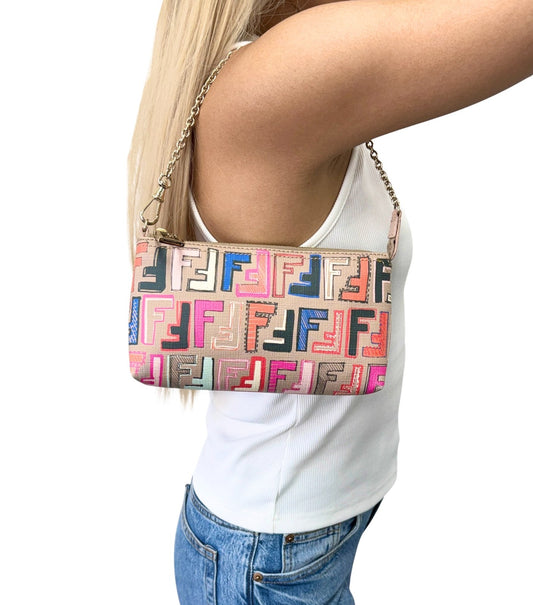 FENDI Vintage Zucca FF Monogram Chain Bag Pochette Beige Multicolor 901881