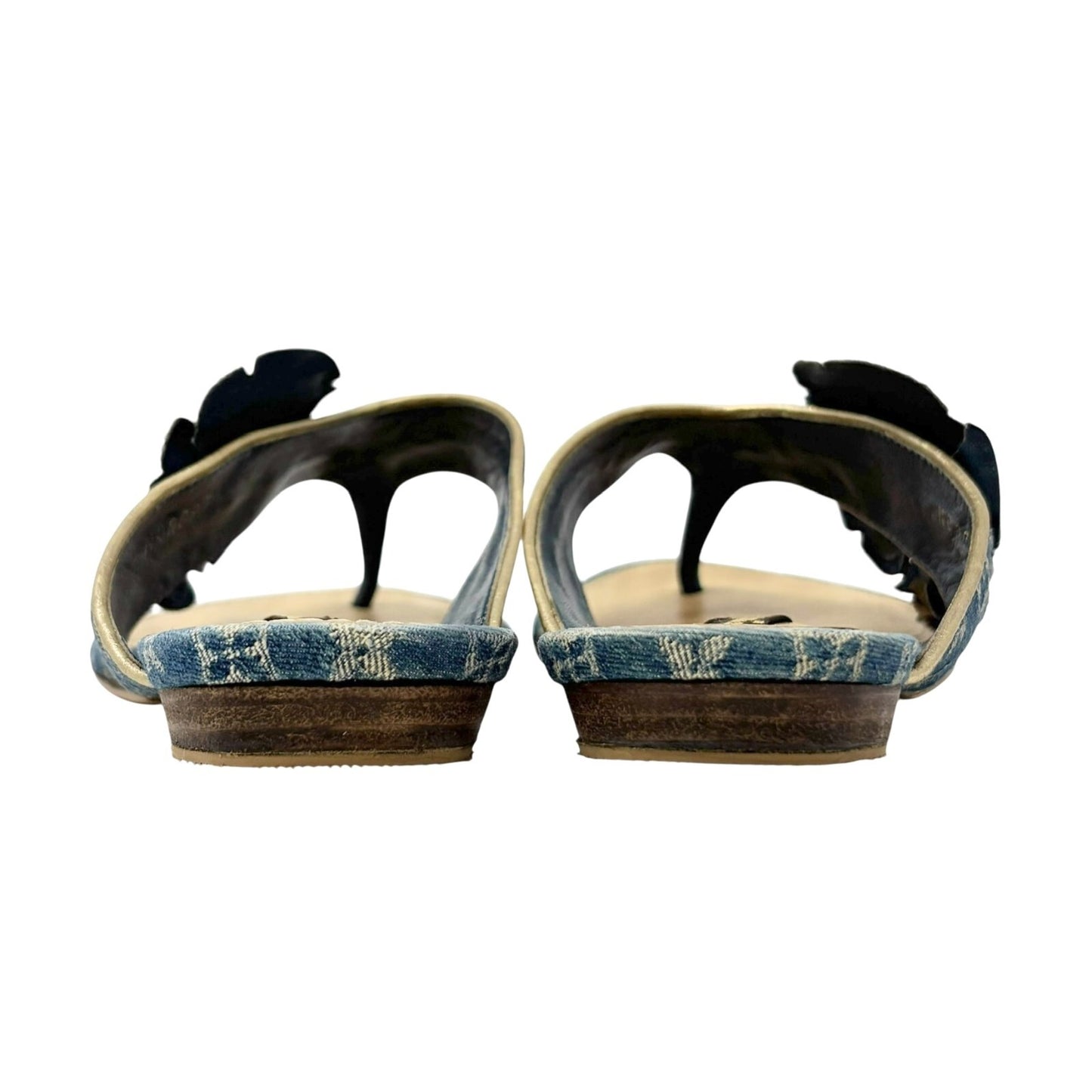 LOUIS VUITTON Vintage LV Monogram Denim Thong Sandals #37.5 Blue Gold Flower