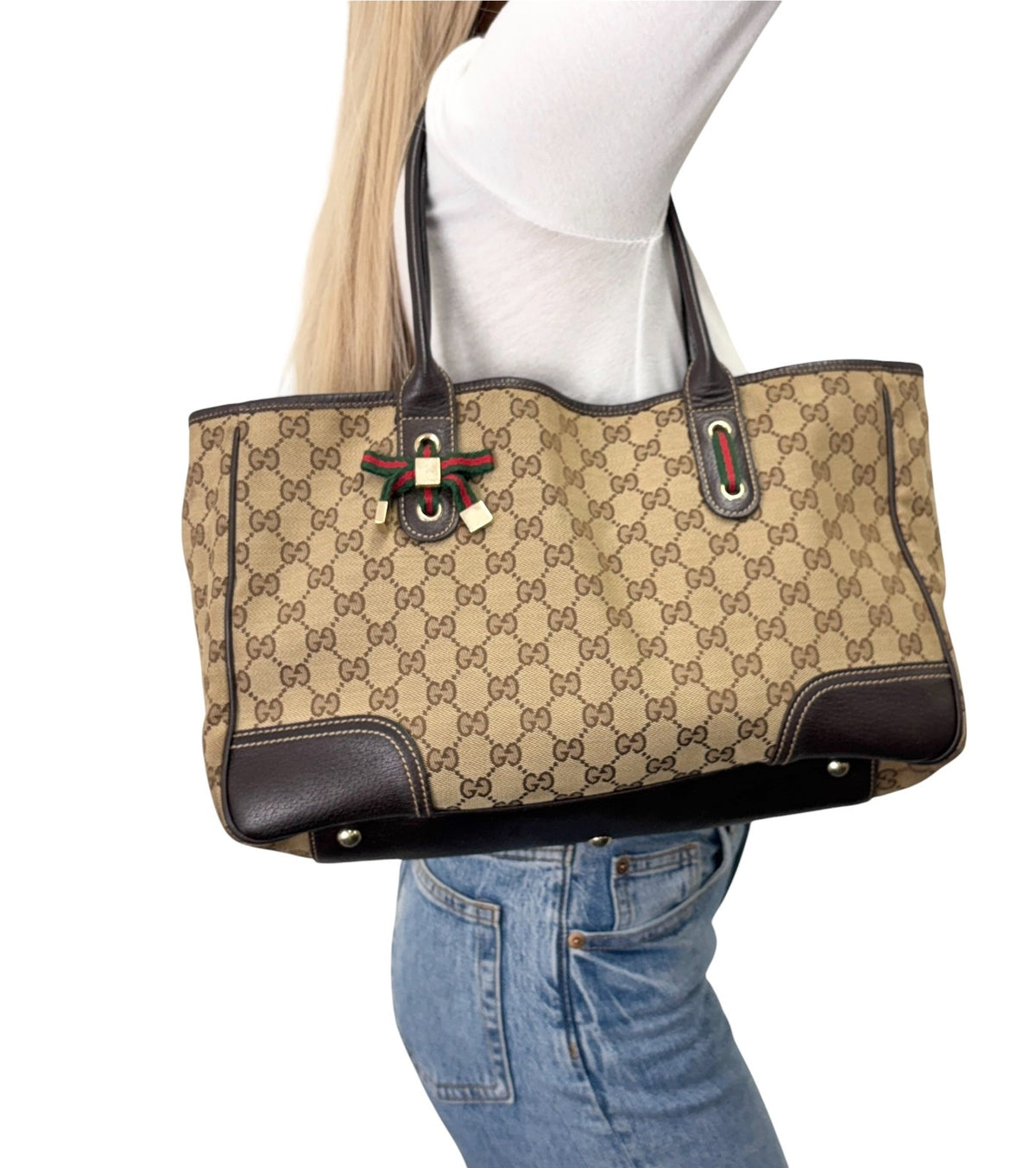 GUCCI Vintage GG Monogram Web Stripe Ribbon Tote Shoulder Bag Brown 902465