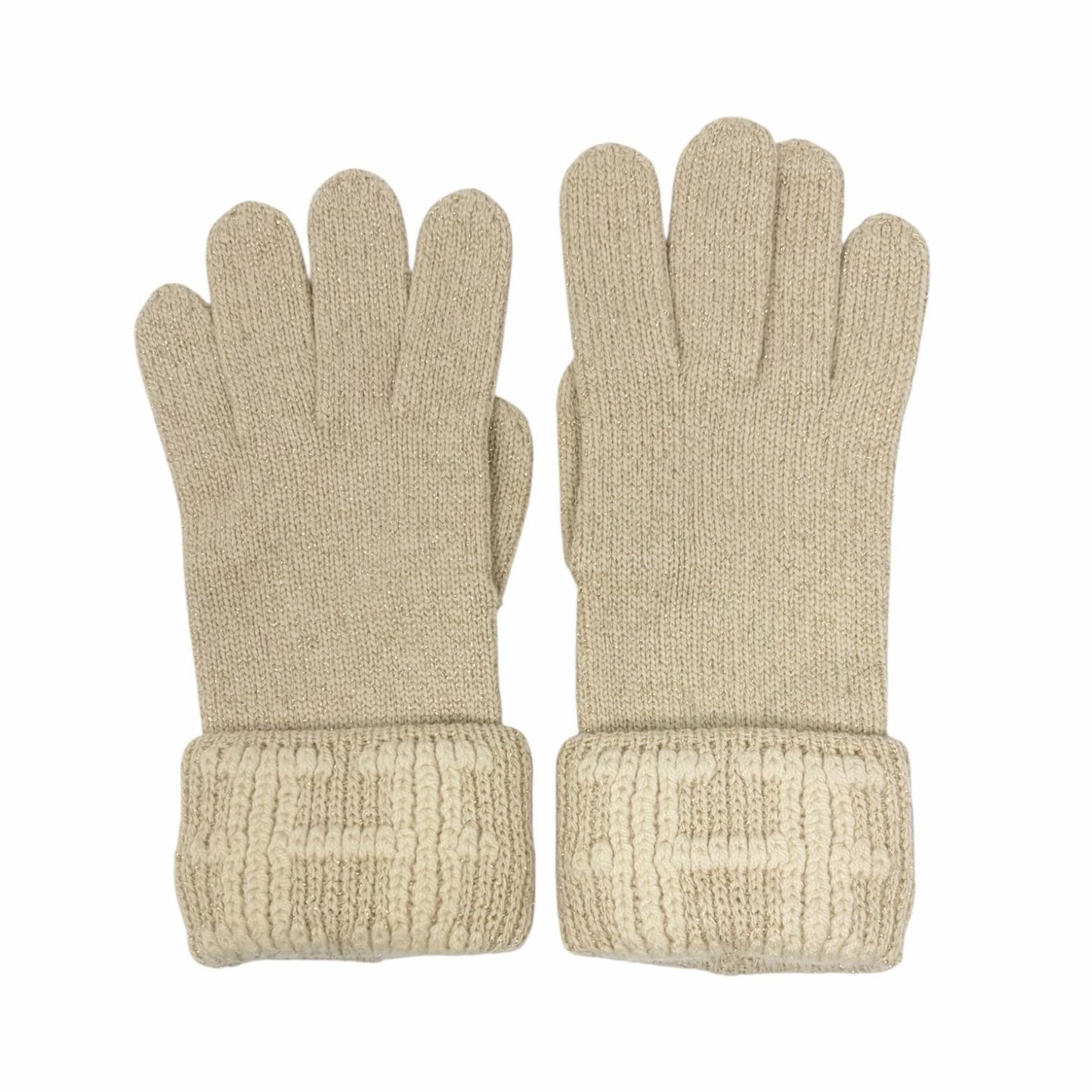 HERMES Vintage H Logo Embroidery Cashmere Ribbed Knit Gloves Glitter Beige Gold