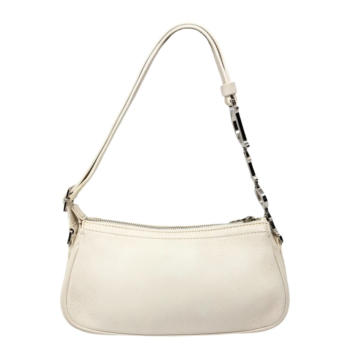 Christian Dior Vintage Logo D Charm Shoulder Bag White Silver Leather 902377