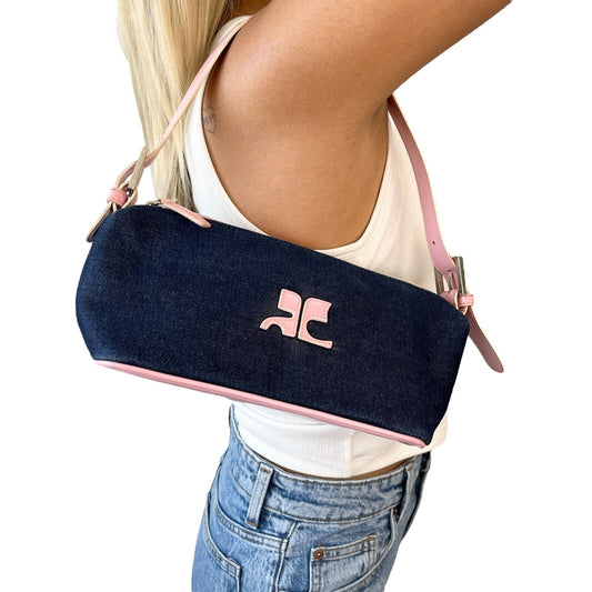 Courreges Vintage Logo Denim Shoulder Bag Pouch Blue Pink Zip Rank AB