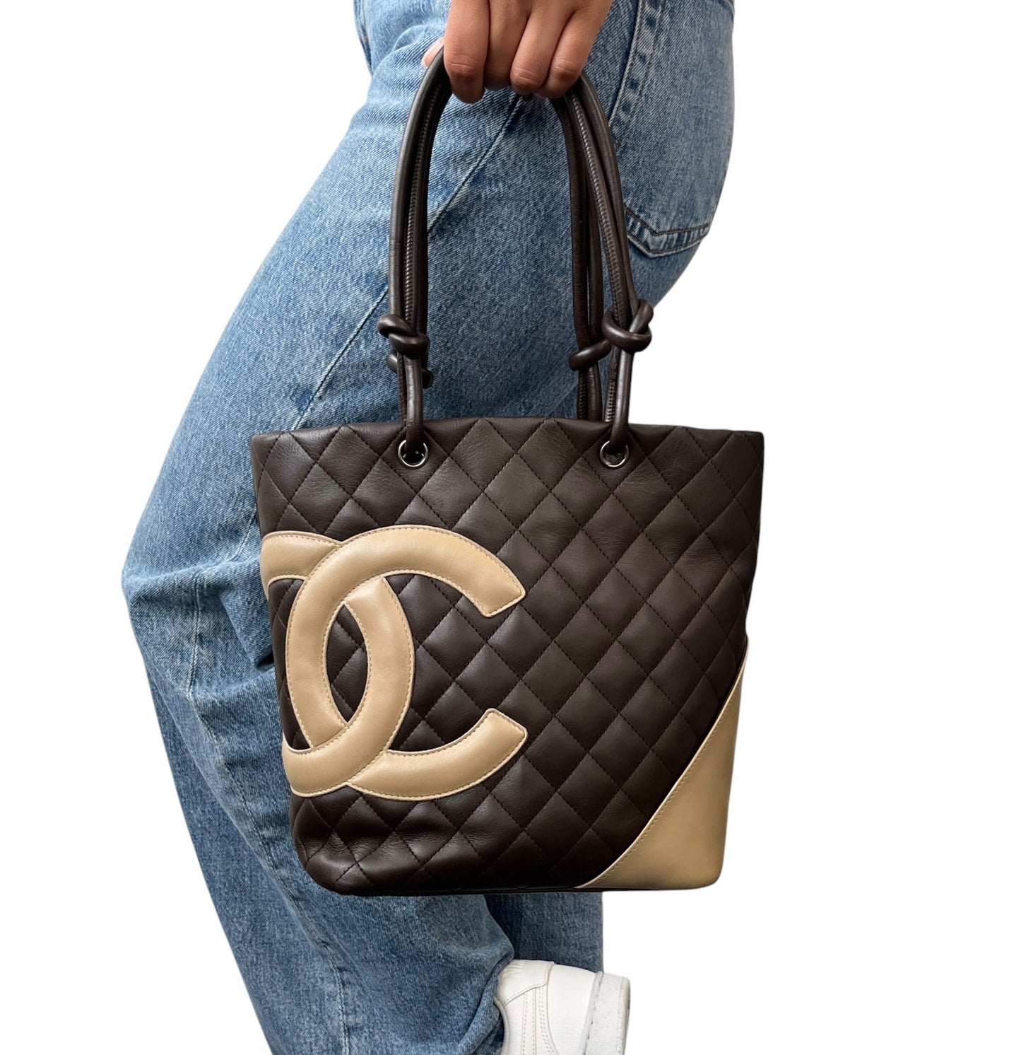 CHANEL Vintage Cambon Line CC Logo Quilted Tote Bag Brown Beige Leather 901900