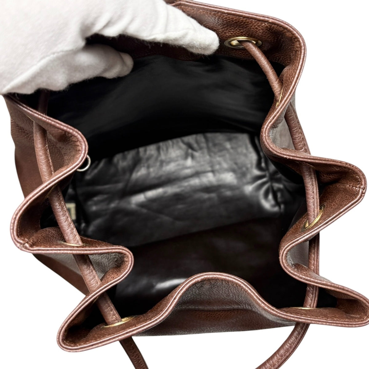 CHANEL Vintage CC Logo Drawstring Backpack Bag Brown Gold Leather 902312