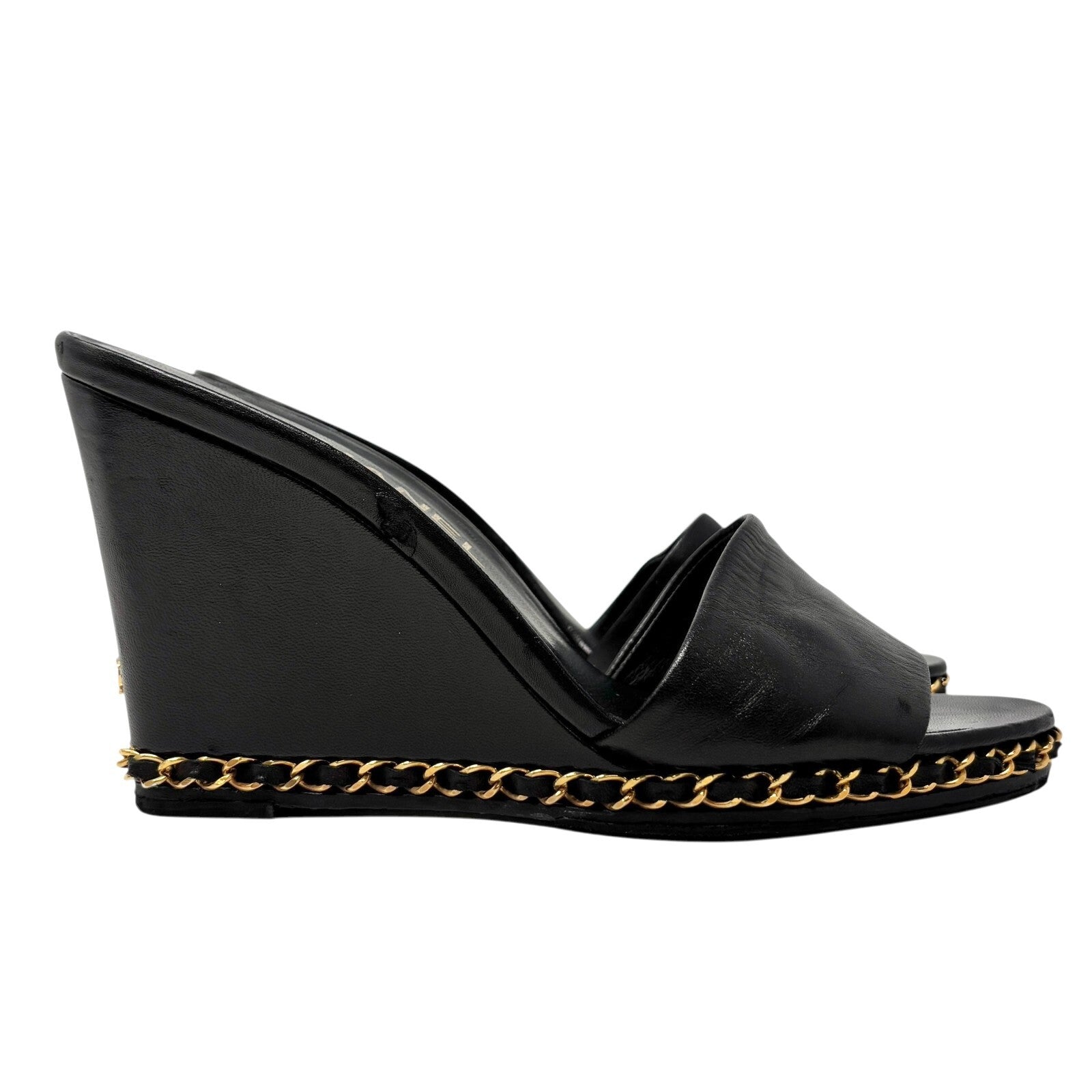 CHANEL Vintage CC Logo Chain Wedge Sole Sandals #37-38.5 Black Gold Leather